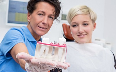 Dentist showing patient implant tooth replacement model